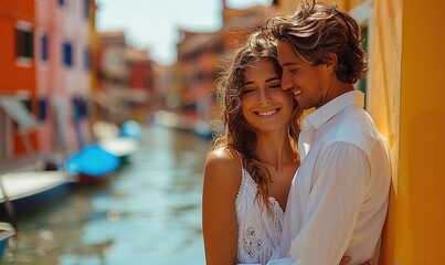 a couple of happy tourists are visiting burano, italy, with the boyfriend and girlfriend in love enj