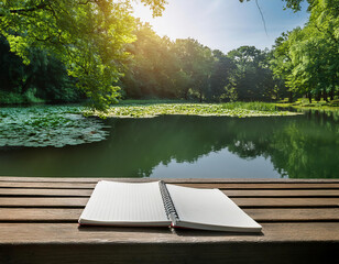 Wall Mural - Open empty notebook on wooden bench in the park with lake and sky background