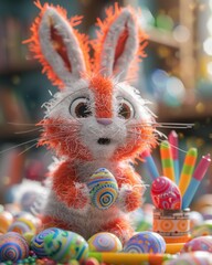 Poster - A fluffy bunny holds a colorful Easter egg. AI.