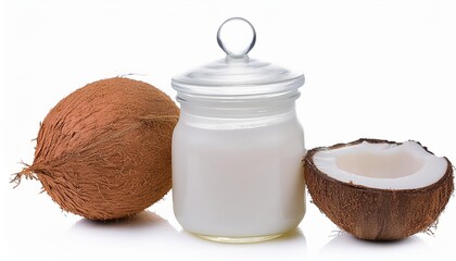 Wall Mural - Coconut oil in a glass jar with coconut balls beside it, isolated on clean background. Showcasing the natural beauty and health benefits of this versatile ingredient