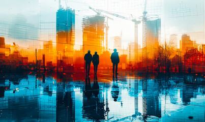 Poster - Progressive Construction Site at Dawn with Workers and Cranes, Double Exposure in Blue and Orange Hues Representing Growth and Development