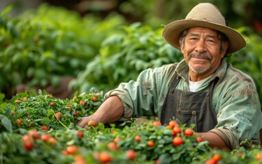 An adult Hispanic person cultivates organic produce, carefully tending to ripe red tomatoes in a lush, green farming environment