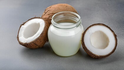 Wall Mural - Coconut oil in a glass jar with coconut balls beside it, isolated on clean background. Showcasing the natural beauty and health benefits of this versatile ingredient