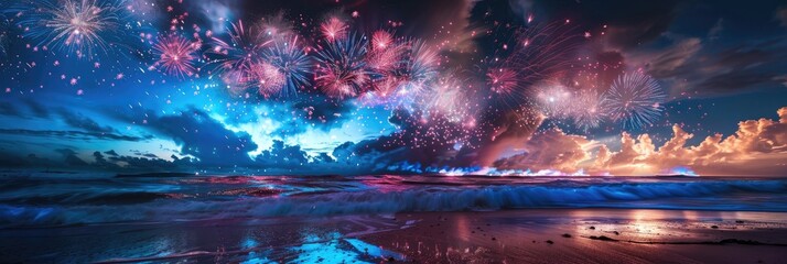 Wall Mural - Scenic fireworks illuminating the night sky with a dazzling display