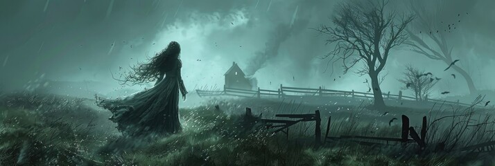 Poster - A spooky ghost girl in a countryside haunted scene