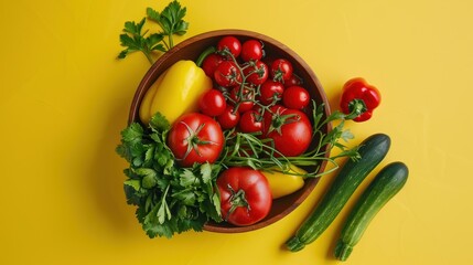 Canvas Print - Fresh Vegetables in a Bowl on a Yellow Background