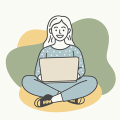 Poster - Young smiling woman Jane sitting with crossed legs, holding laptop. Freelance, studying, online education, work at home, work concept