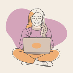 Poster - Young smiling woman Jane sitting with crossed legs, holding laptop. Freelance, studying, online education, work at home, work concept