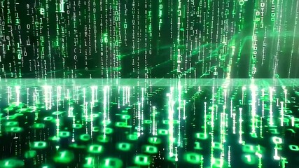 Green binary code cascades down a digital screen, creating a matrix-like effect.