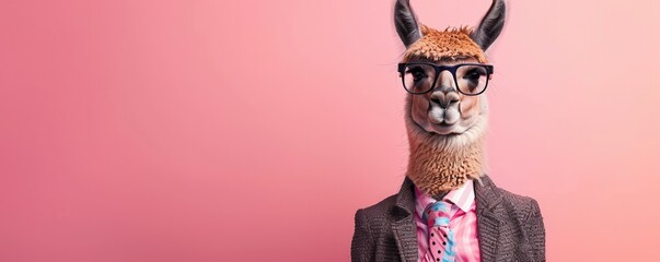 Wall Mural - Stylish llama wearing funky fashion outfit with jacket and glasses. Free copy space for text.