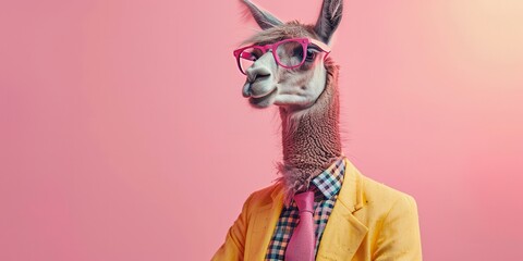 Wall Mural - Stylish llama wearing funky fashion outfit with jacket and glasses. Free copy space for text.