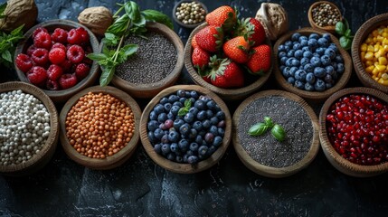 Wall Mural - Assortment of oriental spices in a wooden dish. Ingredients containing iron and dietary fiber, natural sources of ferrum, healthy lifestyle, food and nutrition.