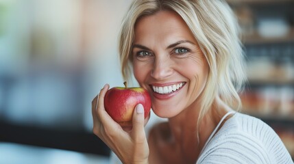 Smiling woman holding a red apple, highlighting her healthy lifestyle and joyful expression. The blurred background emphasizes her radiant smile and vibrant personality