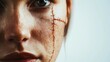 © Bonsales - Close-up of a young woman with a large stitched scar on her cheek. The detailed texture of the skin and the intense gaze convey a story of resilience