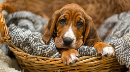 Wall Mural - Basset hound puppy sitting sadly in a basket on a blanket looking at the camera