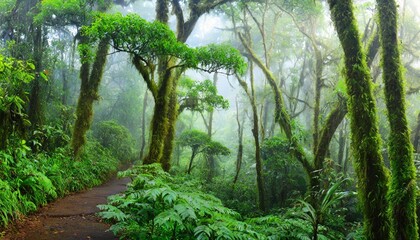 Wall Mural - Lush rain forest with morning fog