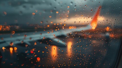 Wall Mural - A blurred sight of an airplane wing through a passenger window with raindrops Room for text