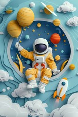 whimsical paper cut art illustration of an astronaut in space with planets and rocket