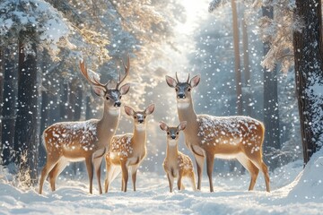 Wall Mural - Photo-Realistic Winter Scene of a Deer Family Standing Together in a Snowy Forest Background

