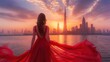 © iva21 - A beautiful luxury woman in a red dress enjoys the sunset view behind the modern skyline ai generated