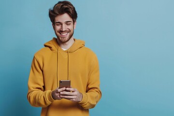 Full body young smiling happy caucasian man holding mobile phone in hand isolated on blue background studio portrait. People lifestyle concept, Generative AI