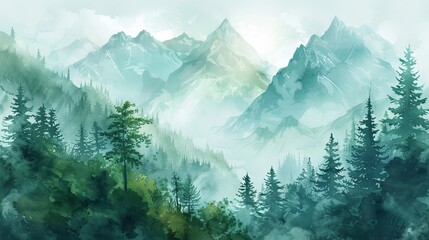 mountain landscape with pine trees in watercolor style, Generative AI