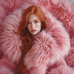 Wall Mural - red_hair_woman_in_pink_faux_fur