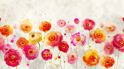 Wall Mural - Watercolor whimsical ranunculus with splattering, energetic and dynamic, bright and lively, light gray background