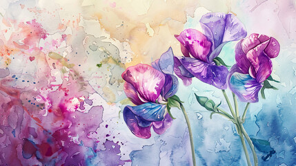 Wall Mural - Watercolor whimsical sweet peas using layering (glazing), creating depth with rich hues, textured paper background