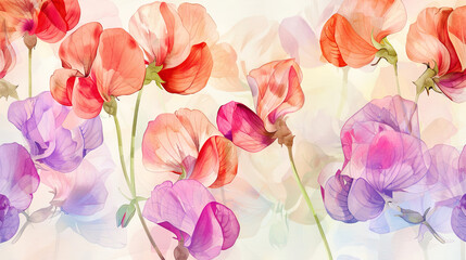 Wall Mural - Watercolor whimsical sweet peas with gradient washes, seamless transitions, dreamy and soft, light background