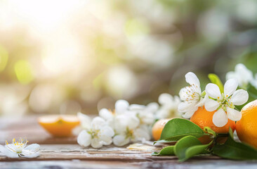 Wall Mural - Orange Blossoms and Citrus Fruits on Rustic Table