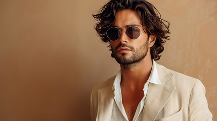 Handsome confident model. Arabian man dressed in elegant beige suit. Fashion male with long curly hairstyle posing near beige wall in studio.