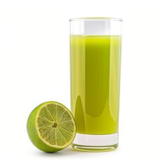 Medium shot of Soursop fruit juice in a glass near the Soursop fruit, isolated on a white background, 