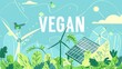 © Rodica - Vegan Lifestyle with Renewable Energy and Nature. Illustration of 'Vegan' with wind turbines, solar panels, and lush greenery. Ideal for promoting veganism and sustainable living