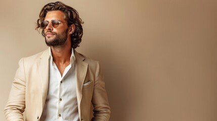 Wall Mural - Handsome confident model. Arabian man dressed in elegant beige suit. Fashion male with long curly hairstyle posing near beige wall in studio. 