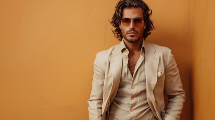 Wall Mural - Handsome confident model. Arabian man dressed in elegant beige suit. Fashion male with long curly hairstyle posing near beige wall in studio. 