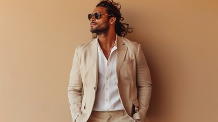 Wall Mural - Handsome confident model. Arabian man dressed in elegant beige suit. Fashion male with long curly hairstyle posing near beige wall in studio. 