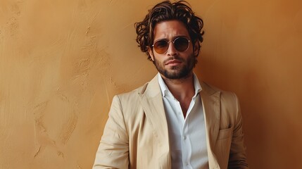 Wall Mural - Handsome confident model. Arabian man dressed in elegant beige suit. Fashion male with long curly hairstyle posing near beige wall in studio. 