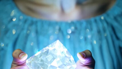 Aufkleber - Two hands grasp a large, luminous crystal, reflecting vibrant light against a soft blue background, creating a mystical atmosphere.