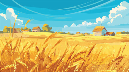 Golden wheat field ripe harvest, serene farmland landscape illustration. Vibrant blue sky fluffy clouds over rural countryside scene, farming background. Quaint farmhouses nestled among trees