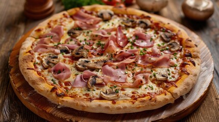 Wall Mural - Italian pizza topped with ham and mushrooms displayed on a rustic wooden board on a natural wooden surface