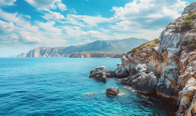 Wall Mural - Beautiful Rugged Coastline with Azure, Blue Sea and Summer Sky. Travel Concept Background