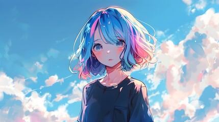 Wall Mural - Anime Girl with Blue Hair and Sky Background