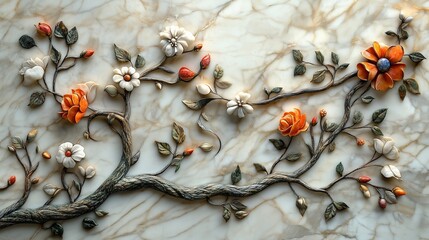 Wall Mural - Floral textures intricately designed against a marble backdrop create a stunning decorative piece