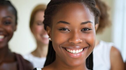 Poster - A group of diverse young women smiles brightly, enjoying each other's company in a well-lit indoor space.
