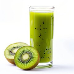 Wall Mural - Medium shot of Kiwi juice in a glass near the Kiwi, isolated on a white background, 