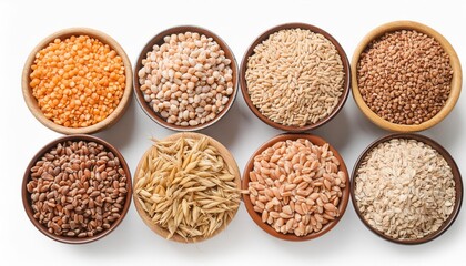 Various types of food grains on bowl isolated on white background. Rice, wheat, barley, millet, corns