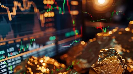 Poster - computer screen showing stock market graphs overlaid with gold bars, symbolizing financial growth and investment