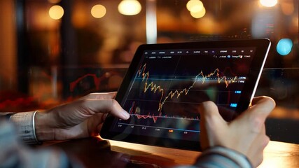 Poster - digital tablet displaying a rising stock graph with a golden overlay, held by a businessperson in a modern office setting