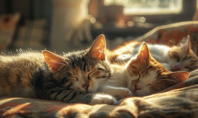 Wall Mural - Cats lounging in sunbeams, relaxed and happy on World Cat Day